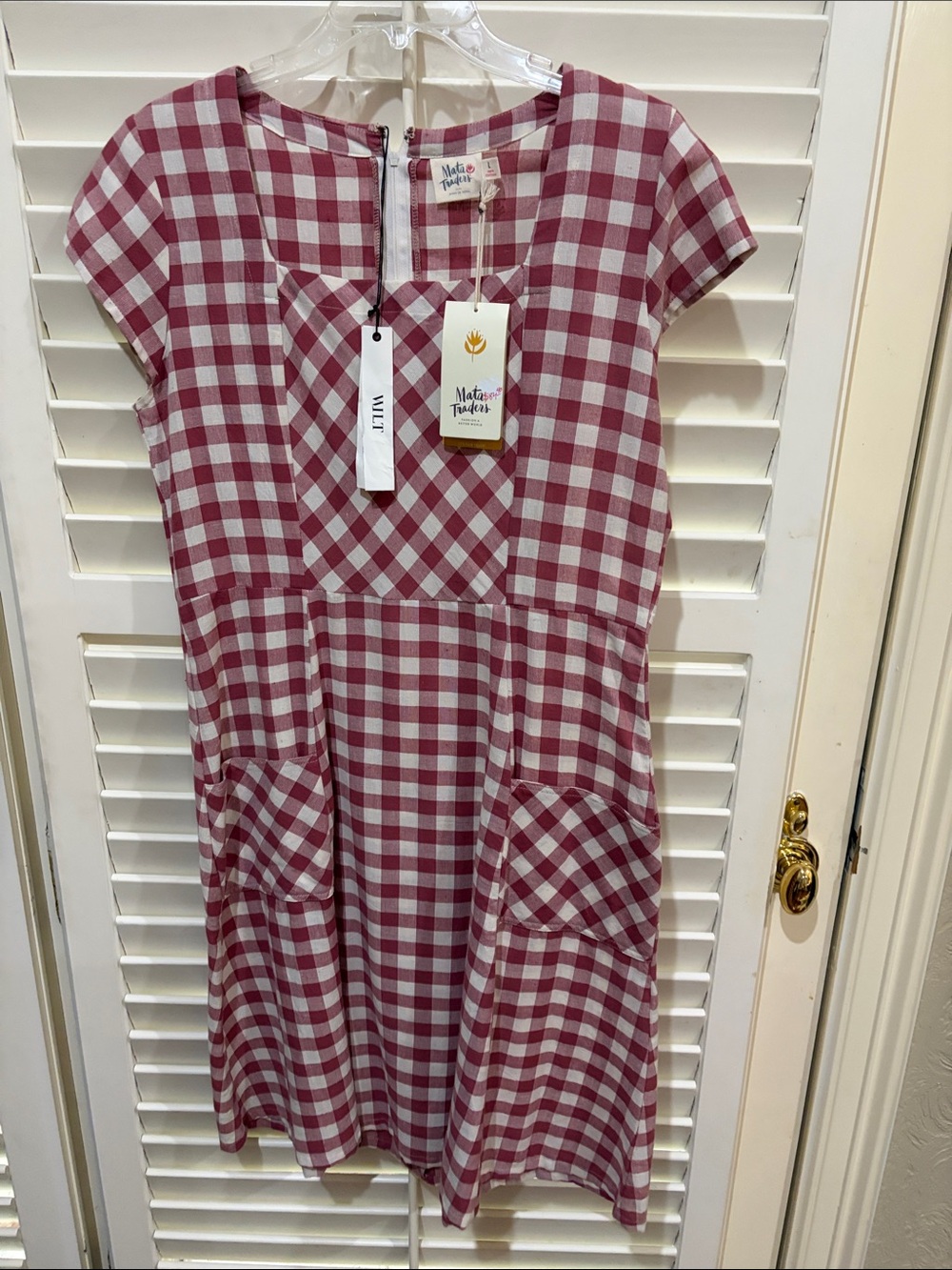 Mata Traders Burgundy and White Gingham Pocket Dress.Large NWT